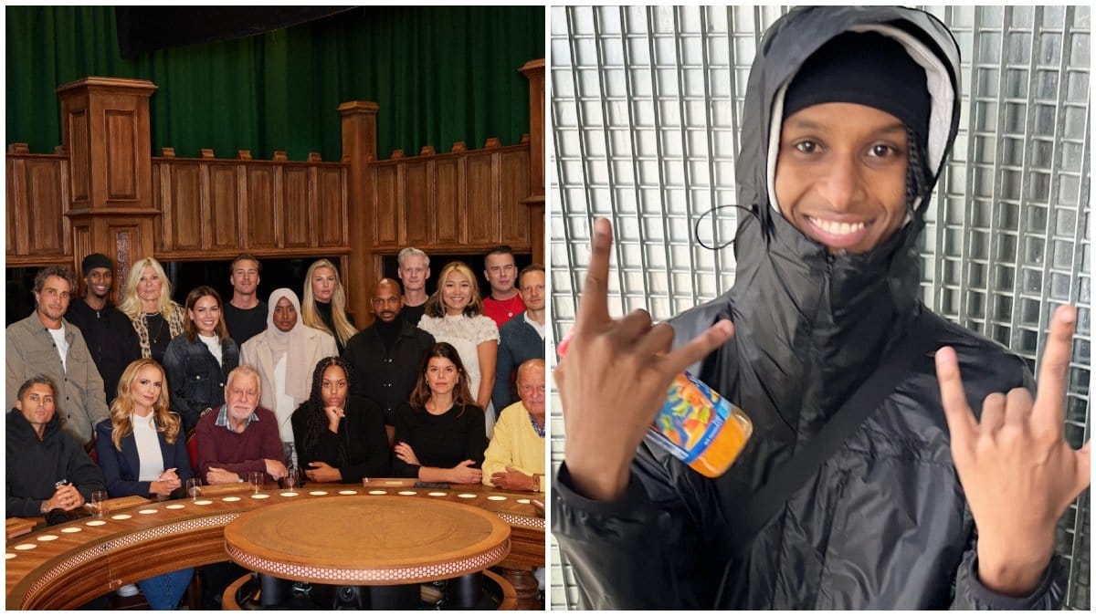 Till vänster sitter alla deltagare i TV-programmet Förrädarna 2025 vid det runda bordet. Till höger syns Momo Alikar le på en bild.
