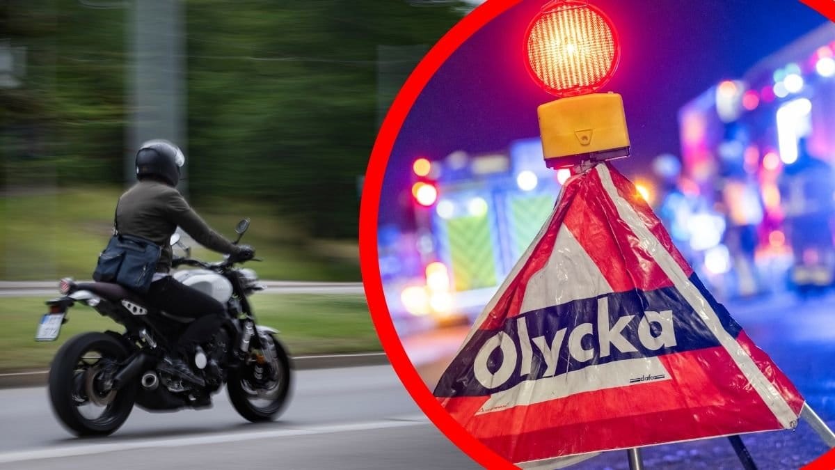 Person på motorcykel vänster. En olycka-skylt höger.