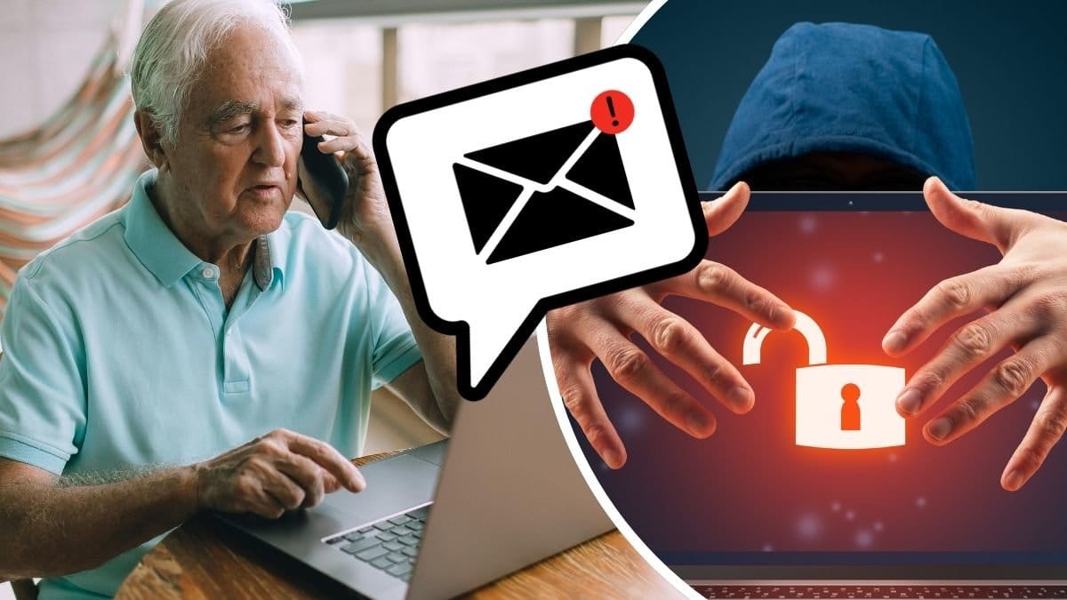 Äldre man vid dator och en dator med ett hänglås på