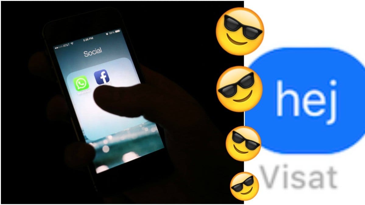 En hand håller en iphone, emojis och konversation där det står hej.
