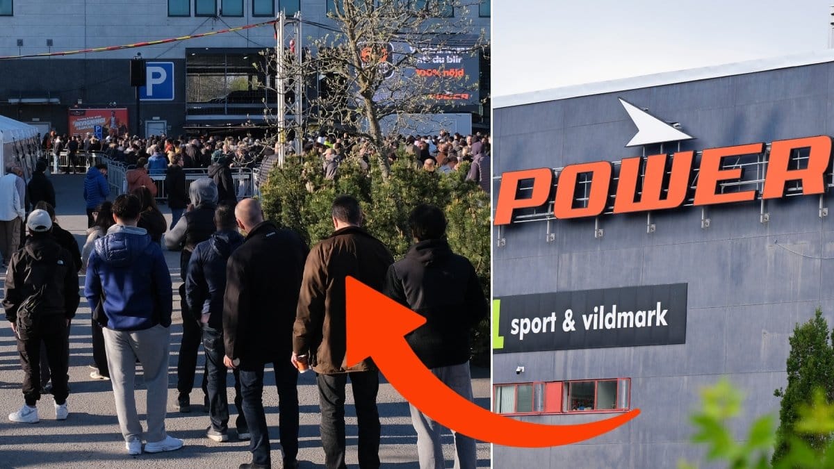 Bilder på en kö och Powers logga.