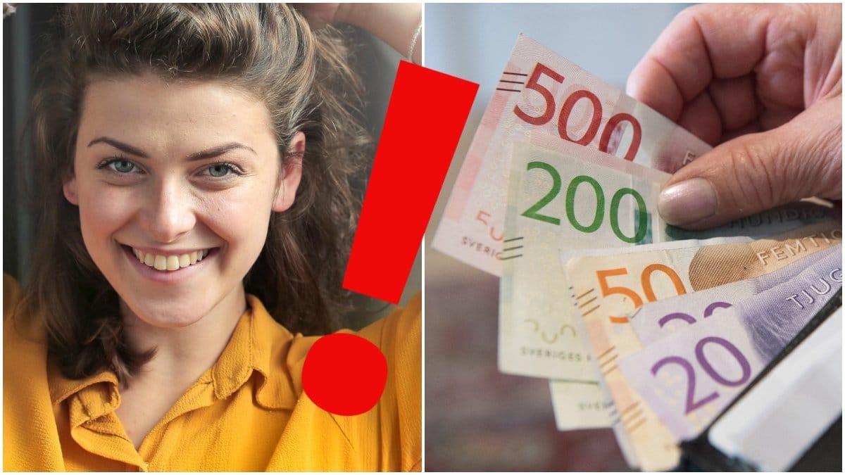 En leende kvinna i gul skjorta och en plånbok med mycket pengar.
