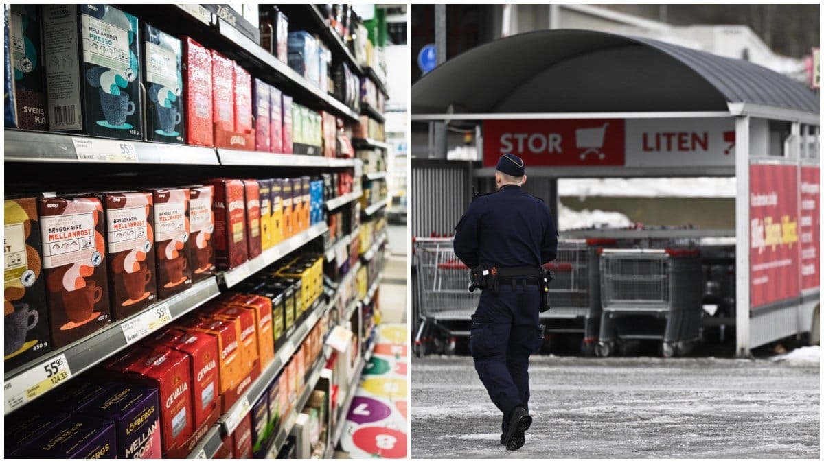 Kaffepaket & polisman utanför matbutik 