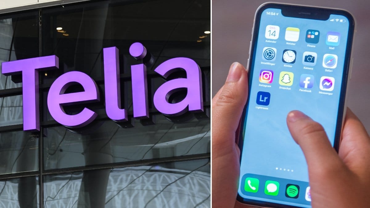 En bild på mobiloperatören Telias logga och en iPhone.