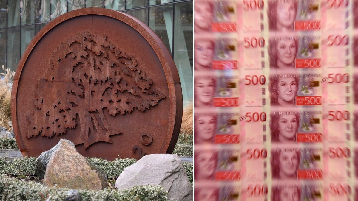 Bilder på sedlar och Swedbank-mynt vid deras entré.
