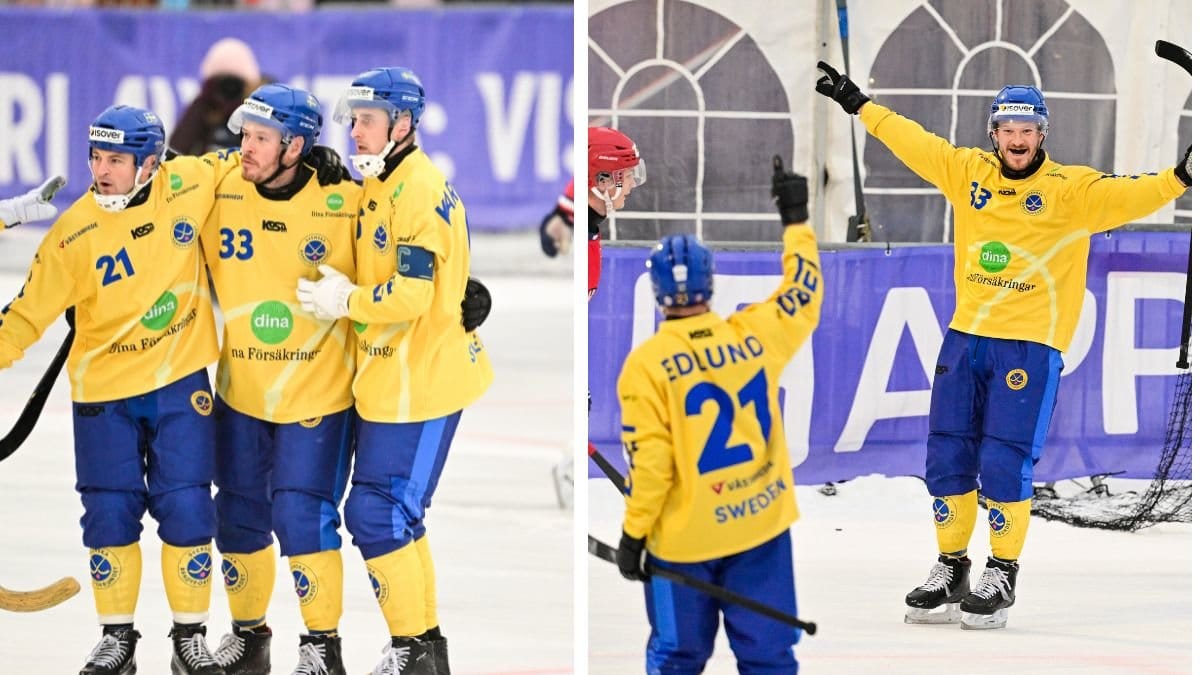 Svenska herrlandslaget bandy till höger och vänster. 