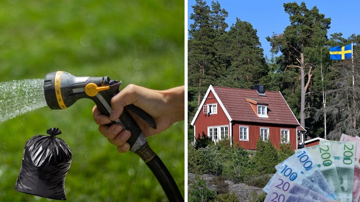 Vattenslang med vatten, en plastpåse och ett svenskt hus med sverige flagga.
