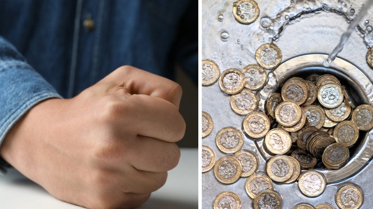 Knuten näve vänster. Mynt som spolas ned i handfat höger.