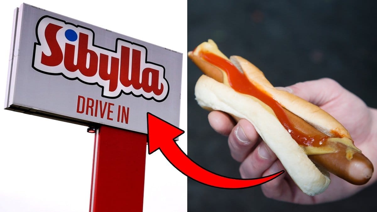 Bild på en Sibylla-skylt och varmkorv med bröd.