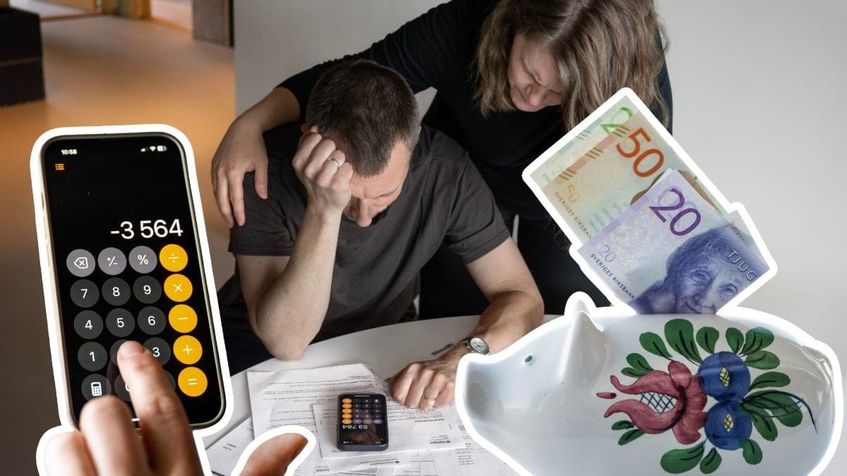 Par som tröstar varandra, spargris och miniräknare i mobil.