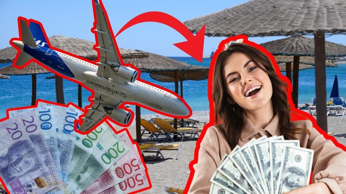Solstolar på en strand i bakgrunden. Till vänster, ett utklippt Sas plan i luften och under det utklippta svenska kontanter. Till höger, en kvinna som håller flera sedlar framför sig. En röd pil pekar på kvinnan från planet.