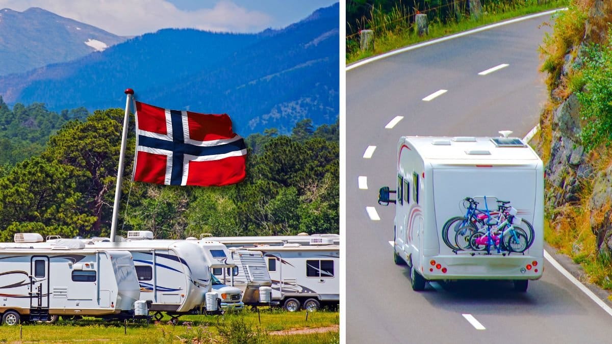 Husvagnar och camping och en husbil som kör med cyklar på en bilväg.
