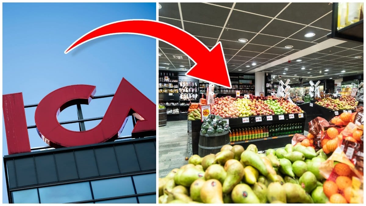 Ica-skylt och en frukt- och gröntavdelning i en matbutik. 