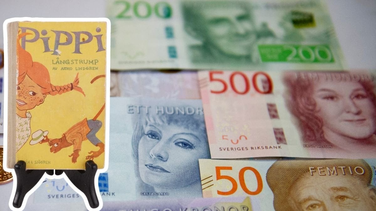 Första utgåvan av boken Pippi Långstrump från 1945. I bakgrunden ligger sedlar i olika valörer.