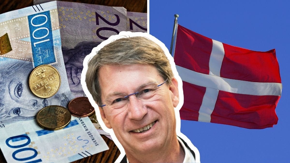 Pengar till vänster, danska flaggan till höger. Ulf Mazur i mitten.