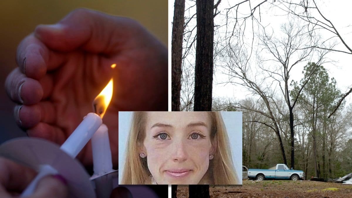 Minnesstund med tända ljus och en skog. 