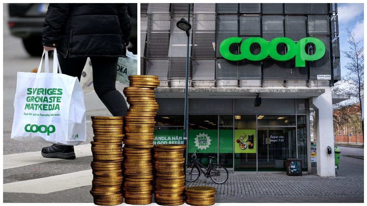 Person med Coop-kasse och ingången till en Coop-butik.