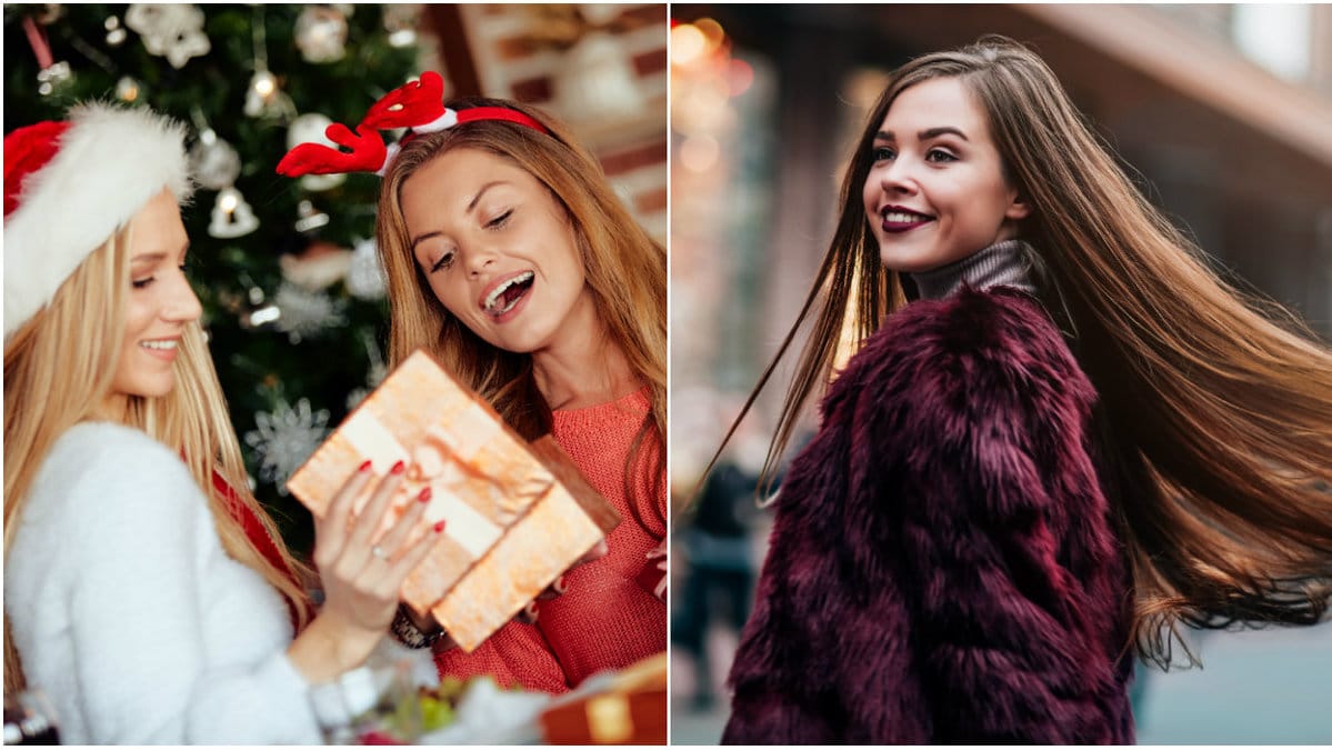 Tjejer med paket, tjej i pälsjacka