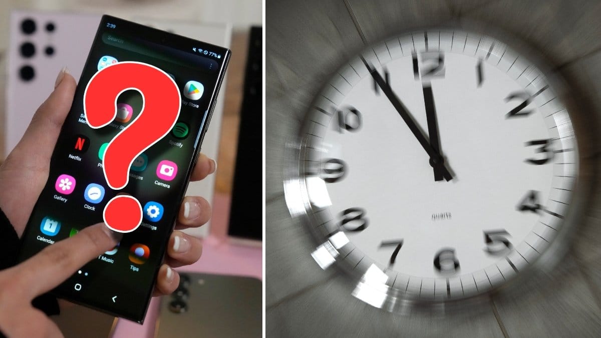 En Samsung-mobiltelefon och en väggklocka.