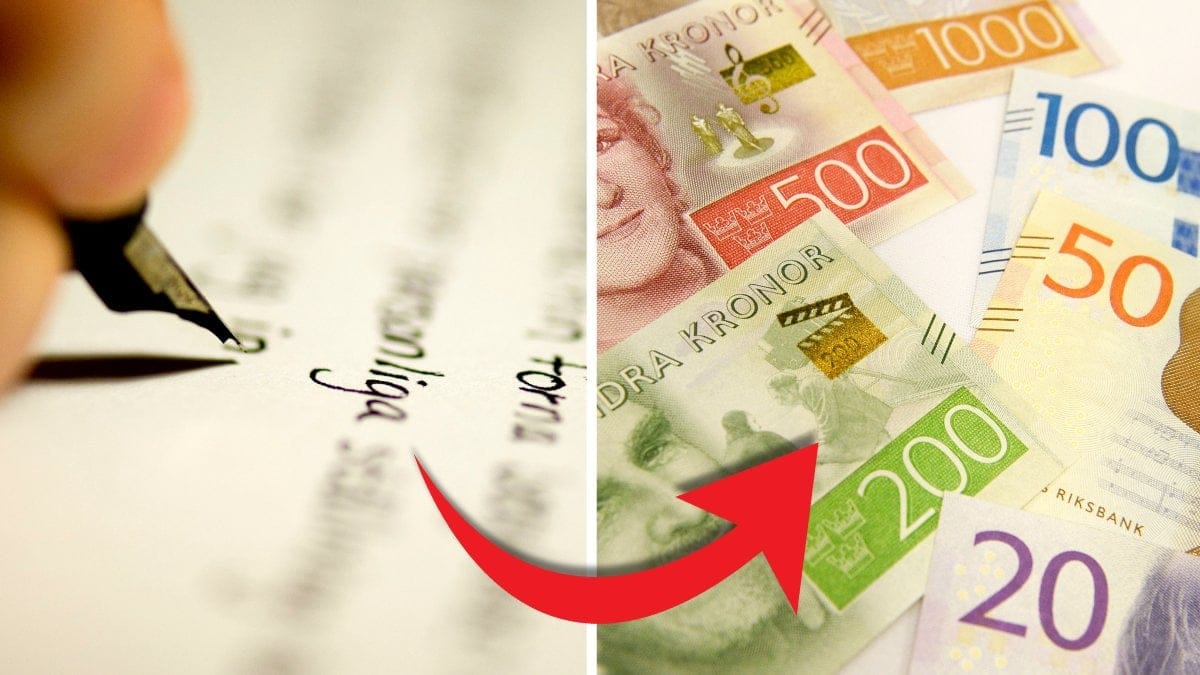 Penna skriver på papper och svenska sedlar.