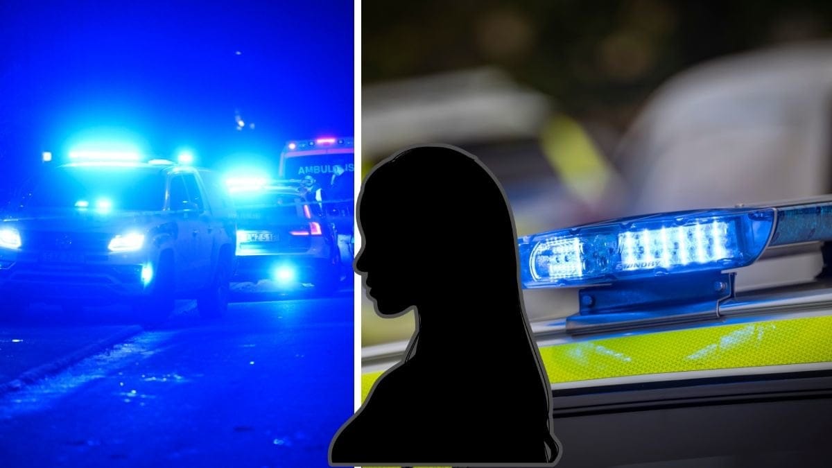 Blåljus mörkt till vänster. Blåljus till höger. Kvinnlig siluett i mitten.