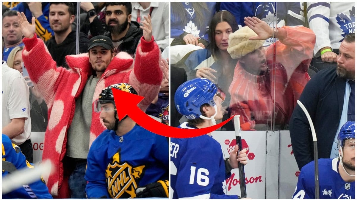 Justin Bieber syns på en hockeymatch hålla uppe händerna bland publiken. Jämte syns en bild han och frun Hailey Bieber kolla på matchen bland publiken.