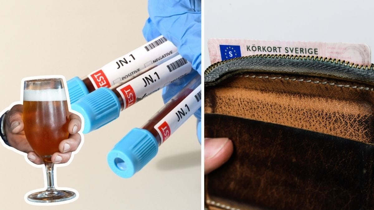 Öl till vänster. Peth-test i mitten. Plånbok med körkort till höger.