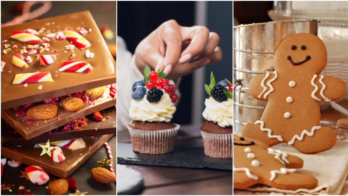Choklad med polkagris. Muffins. Pepparkaksgubbe.