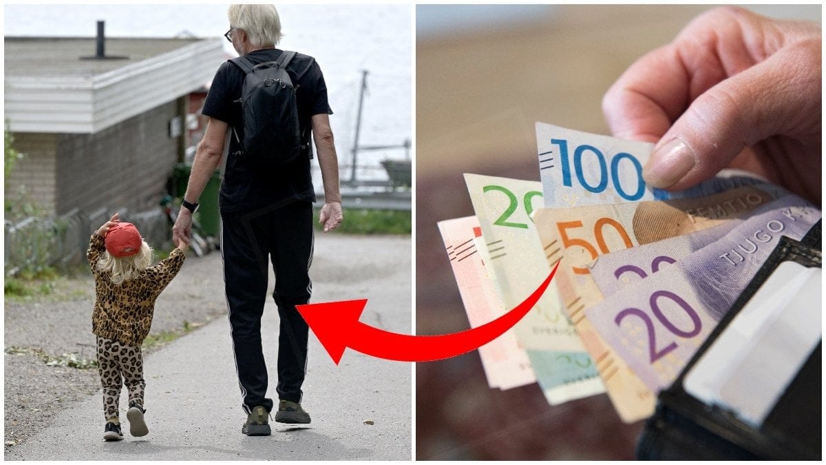 En morfar med ett barn och en plånbok med pengar.