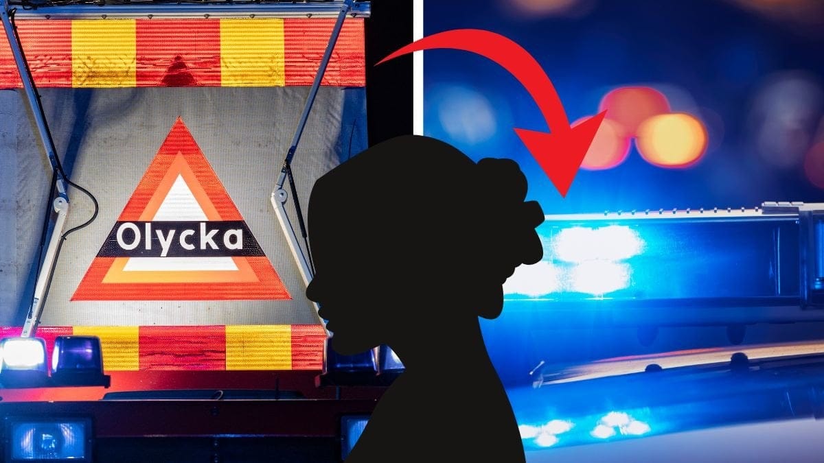 Olycka-skylt till vänster, blåljus till höger. Kvinnlig siluett i mitten. 