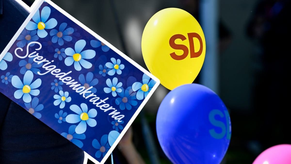Sverigedemokraterna-ballonger och en flagga.