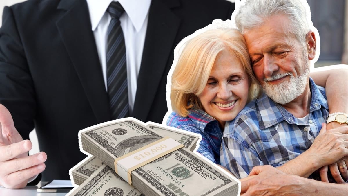 Person med kavaj ger tips i bakgrunden. En pensionärs-par omfamnar varandra höger. En kontant-bunt vänster.