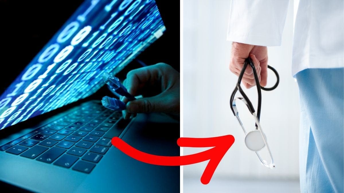 Datorskärm med kabel till vänster. Hand som håller ett stetoskop till höger.