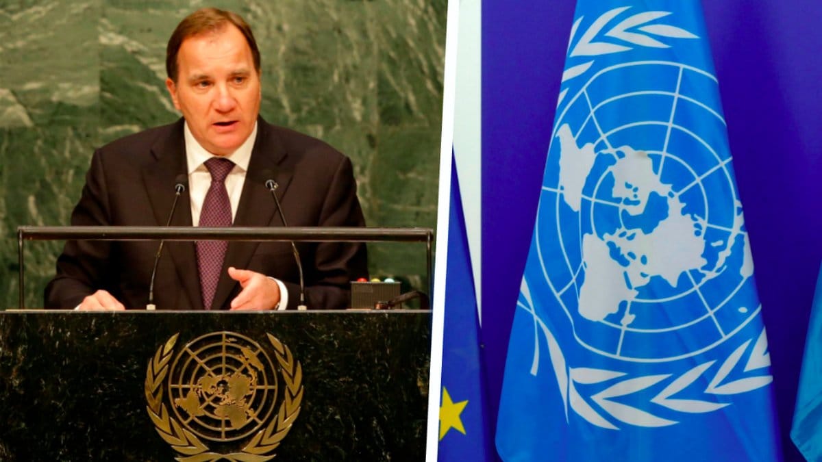 Stefan Löfven och en FN-flagga. Kollage