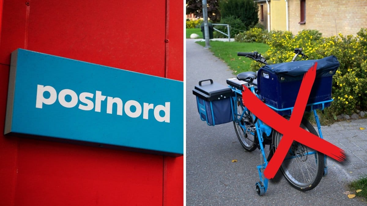 Postnords logga och en cykel som används av Postnords brevbärare.