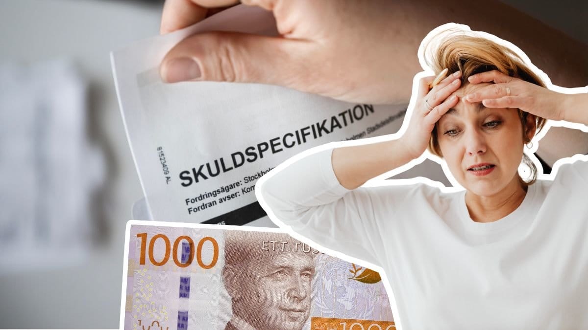 Skuldspecifikation, en tusenlapp och en uppgiven kvinna.