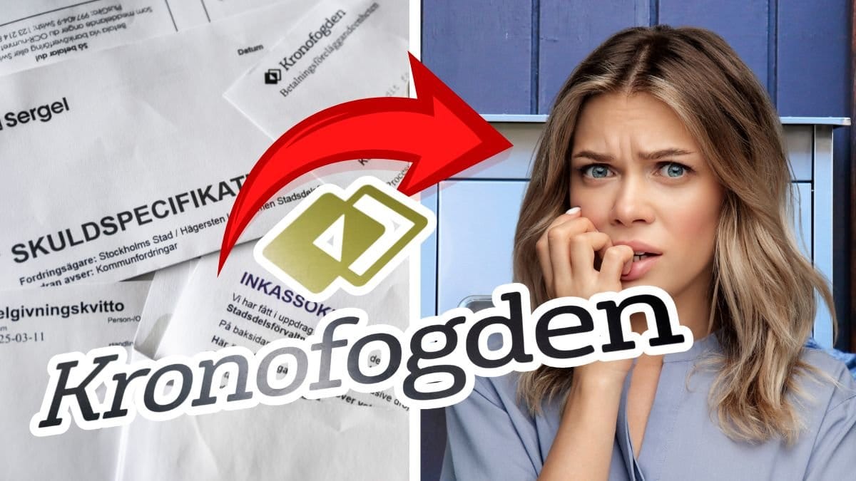 Kronofogden och Inkassobrev vänster. Brevlåda höger. Utklippt Kronofogden-logga vänster. Utklippt kvinna som biter på naglarna höger.