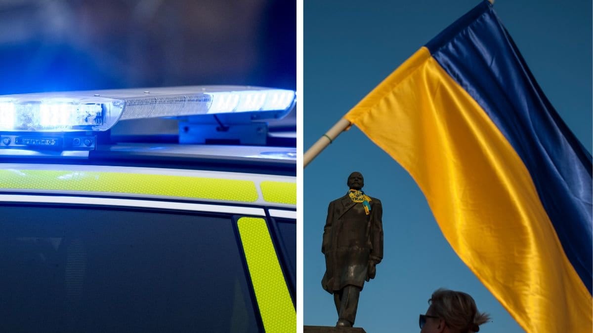 Blåljus till vänster. Ukrainska flaggan till höger.