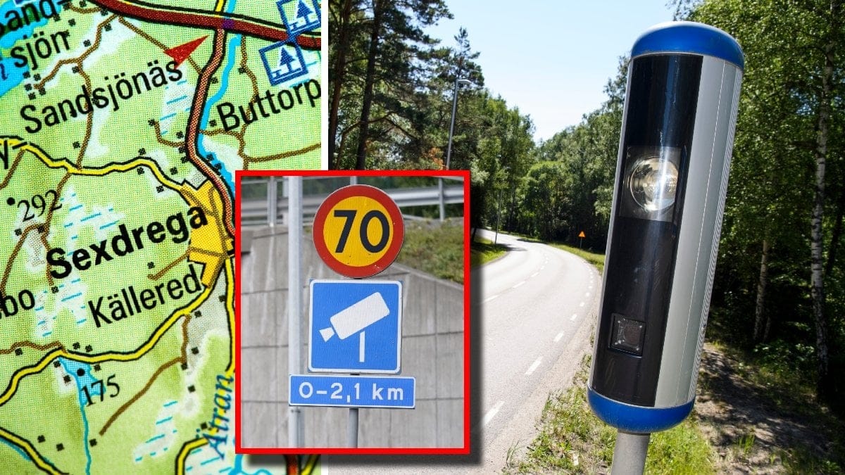 En tecknad karta över Sverige, en trafikskylt på en fartkamerna och en fartkamera vid kanten av en väg.