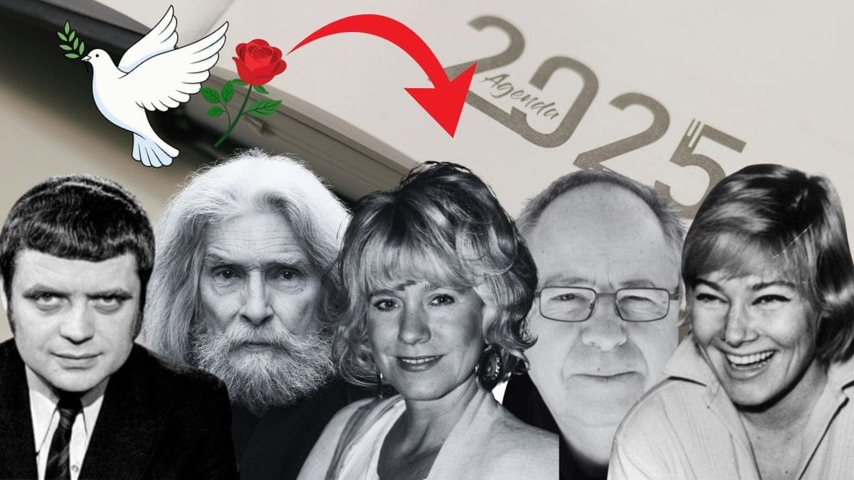 Svenska profilerna som gått bort längst ned utklippta. Bild på en allmenacka med 2025 skrivet på den i bakgrunden. En röd pil pekar från en utklippt duva och ros i vänstra översta hörnet till de svenska profilerna. 