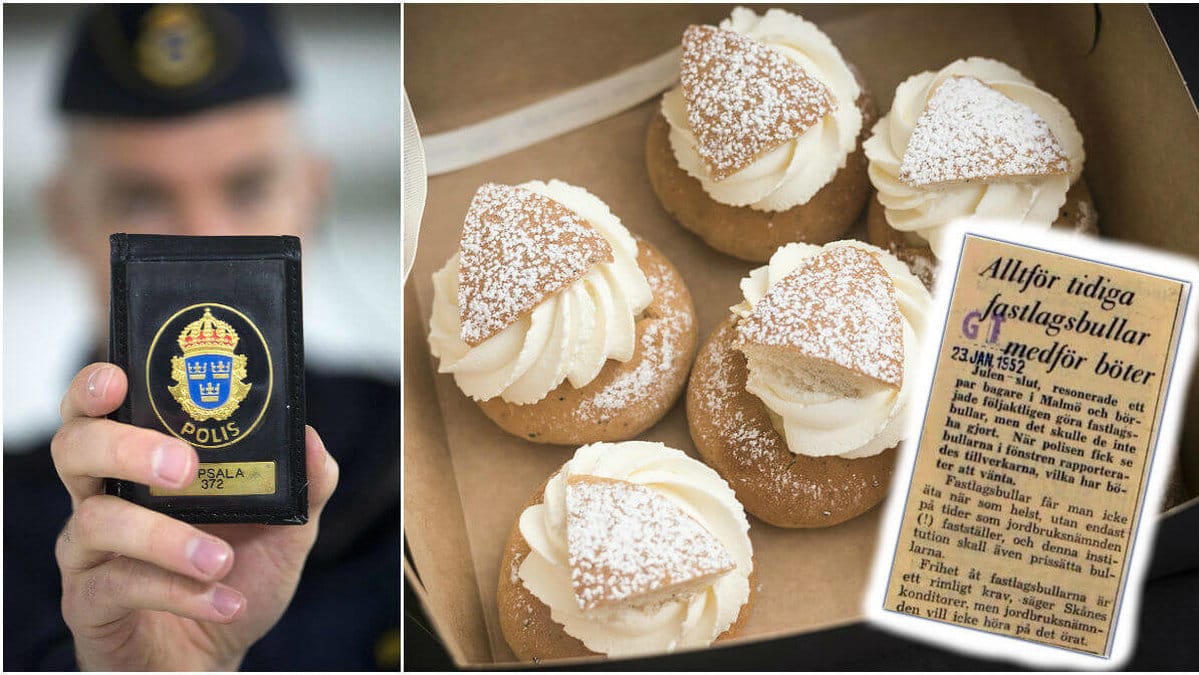 Polisman håller upp sin bricka, semlor i låda samt tidningsurklippet.