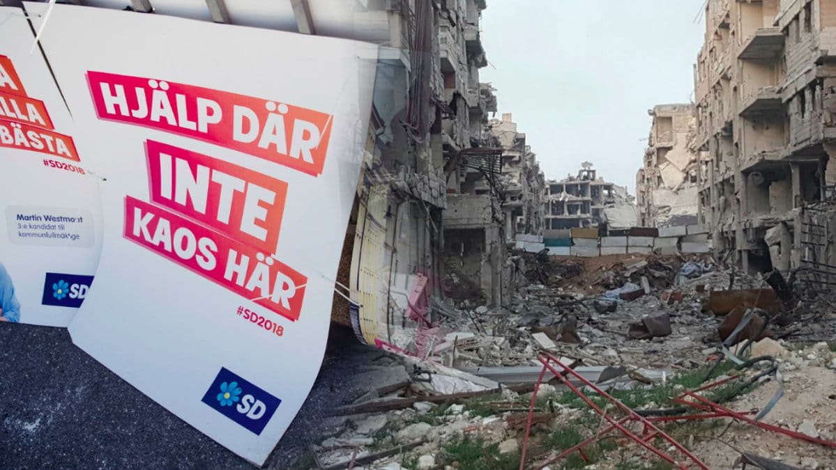 Sverigedemokratisk valaffisch. Till höger en bild från krigets Syrien. MONTAGE
