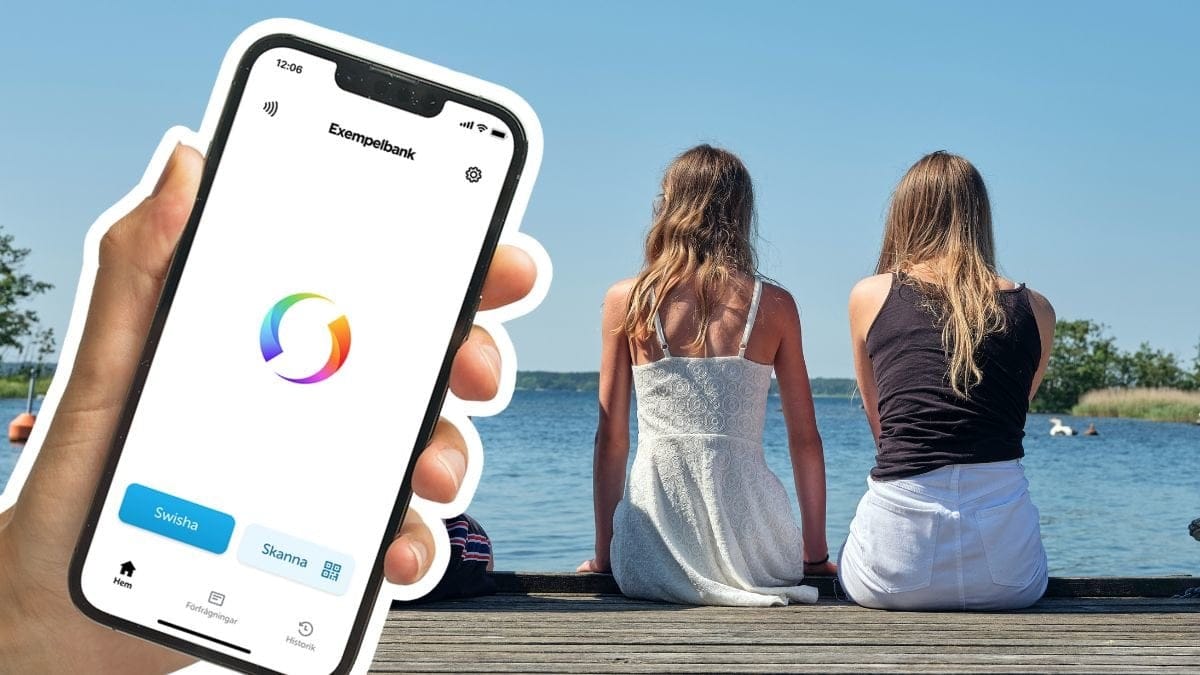 Swish-appen i en mobil och ungdomar på en brygga