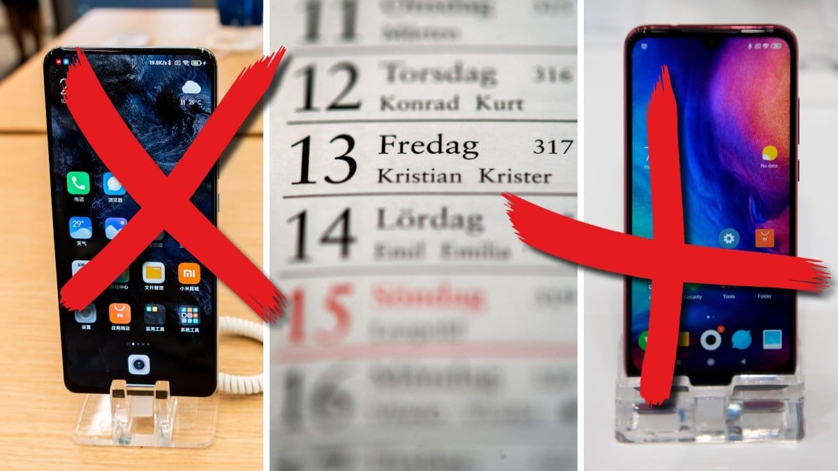 Två Redmi-mobiltelefoner och en kalender som visar fredag den 13.