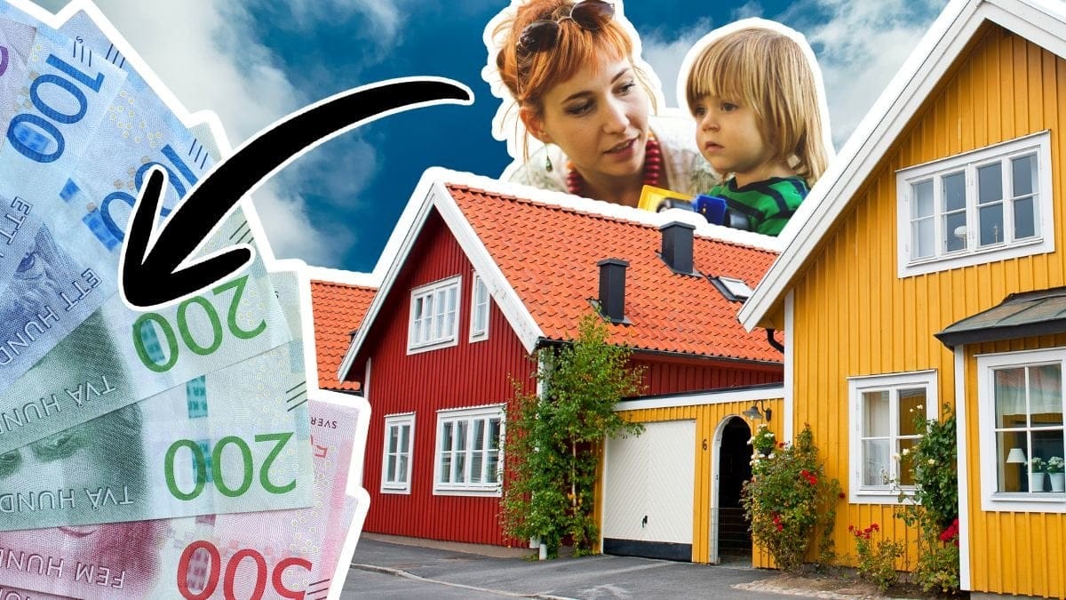 Svenska sedlar, hus längs en gata och en mamma och ett barn