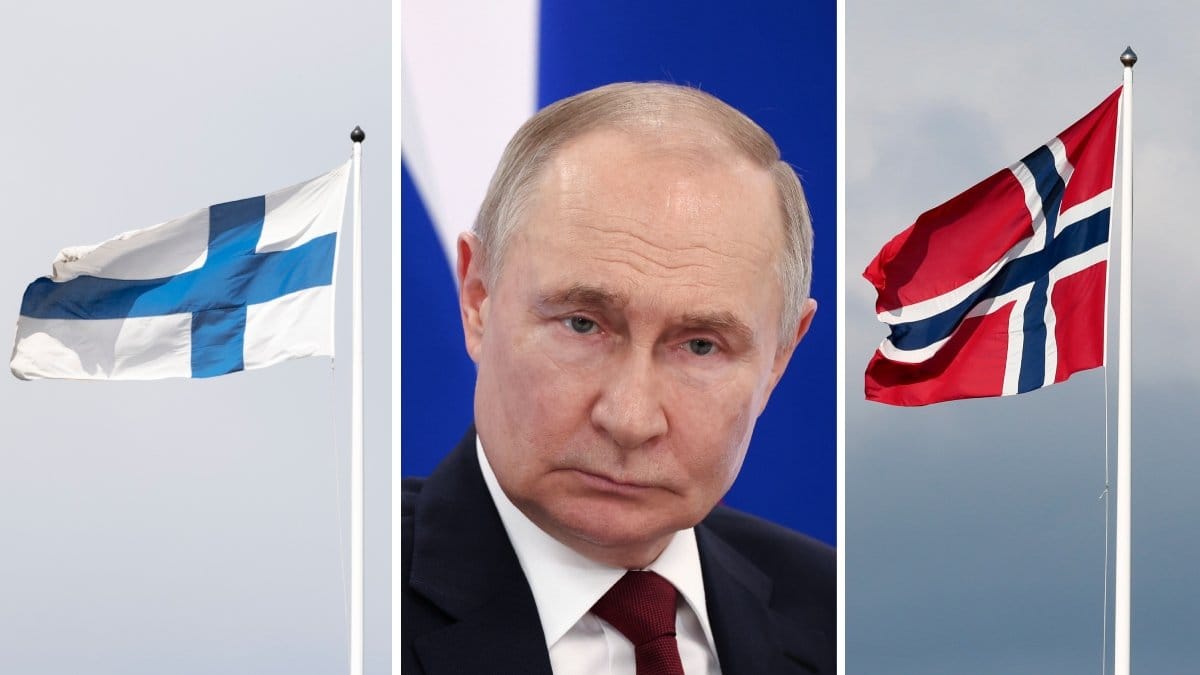 Bilden till vänster visar Finlands flagga. Bilden i mitten visar Rysslands president Vladimir Putin. Bilden till höger visar norska flaggan.