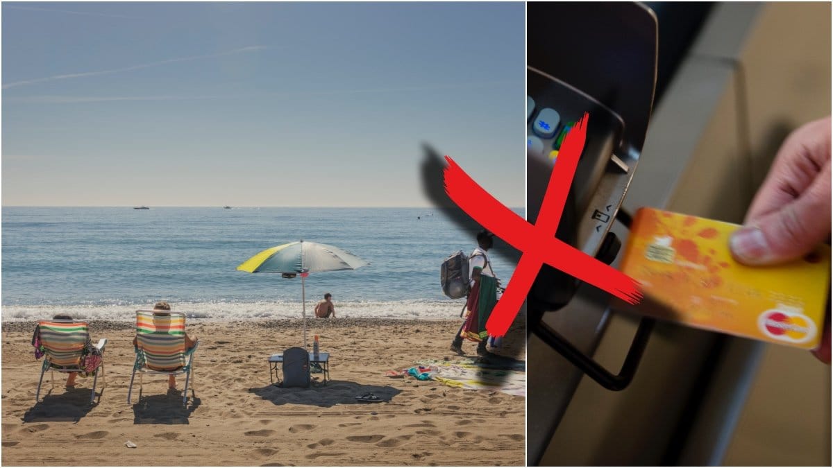 Genrebild från en strand i Spanien och ett betalkort.