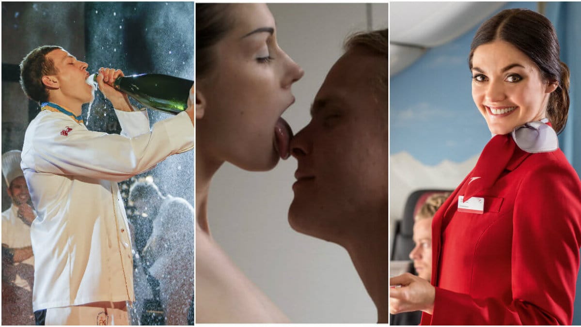 Man dircker champagne, kvinna slicka man i ansiktet, flygvärdinna
