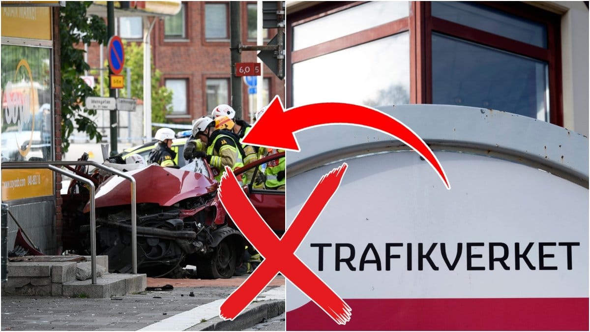 Bild på en bil som har krockat in i en byggnad med räddningstjänsten omringad. Och en bild på Trafikverkets logotyp. 