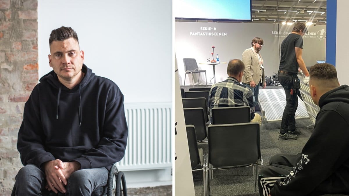 Anders Westgerd hamnade nedanför scenen, när han skulle prata om sin bok som handlar om hinder i vardagen för funktionshindrade.